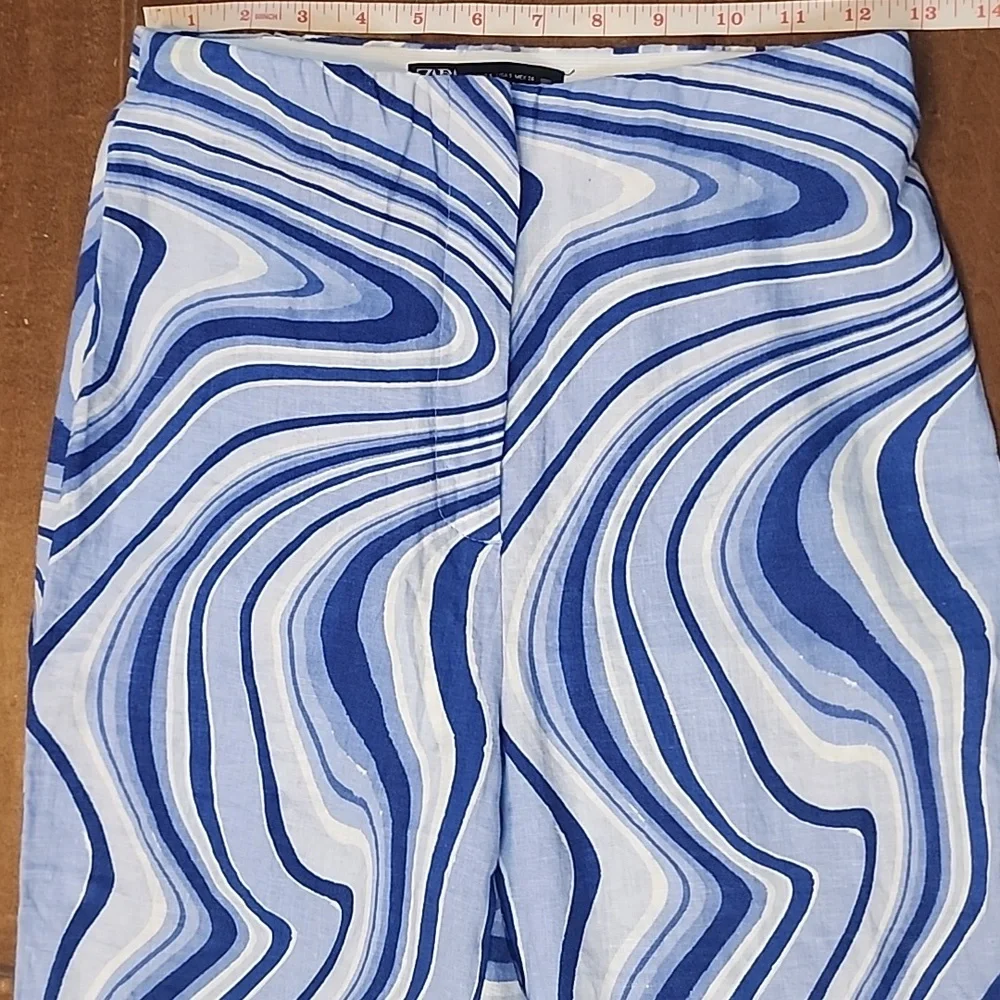 Zara Blue White High Waist Flare Slit Leg Pants Groovy Disco Linen